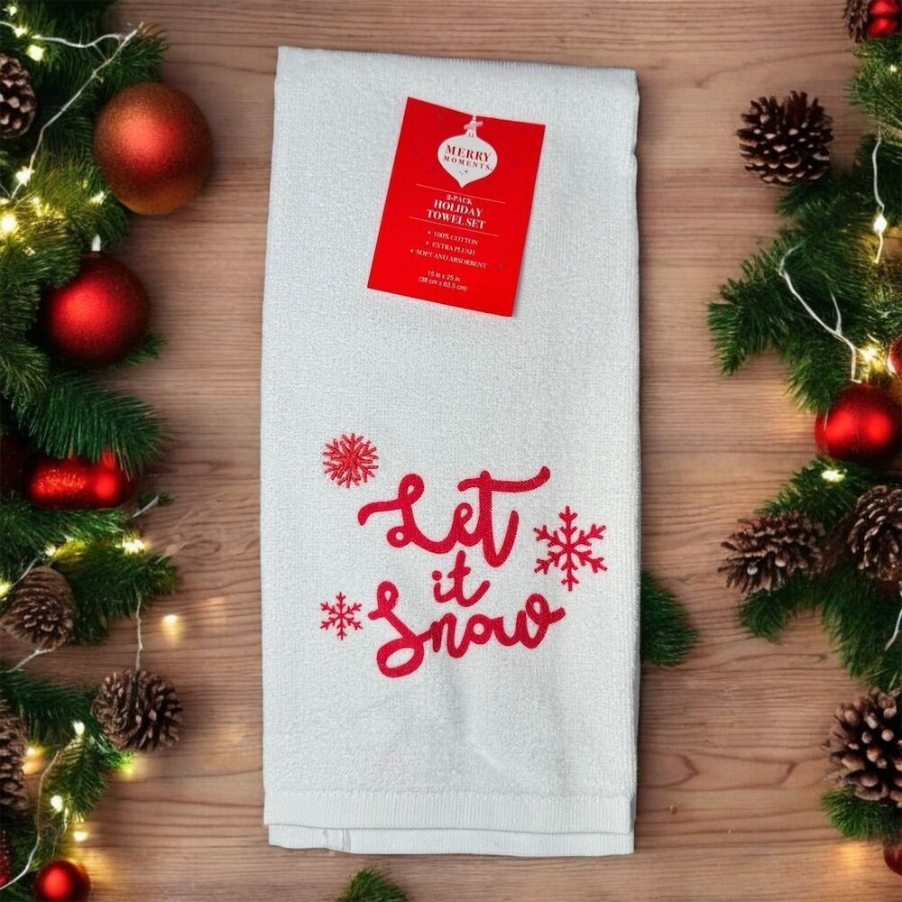 Aldi Merry Moments Holiday Hand Towel Set 2-Pack White Let It Snow Black Stars